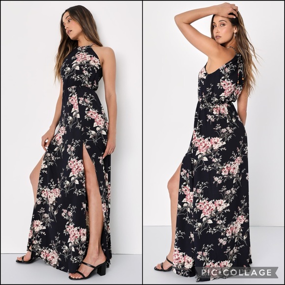 Lulu’s Floral High Neck Halter Slit Leg Maxi Dress - Picture 2 of 13